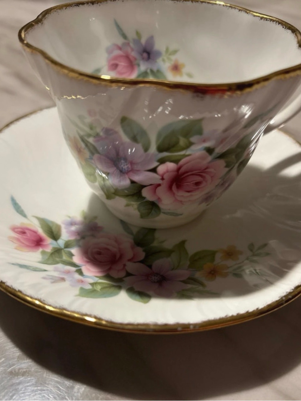 Heritage Pink Floral Porcelain Tea Cup & Saucer with Gold Trim
